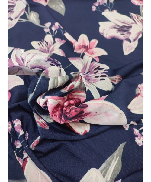 Granatowa elastyczna dzianina Jersey - białe i różowe lilie